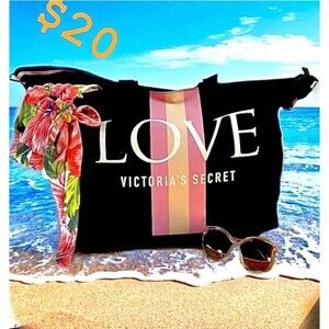 Victoria’s Secret, pink, white and black beach bag tote
